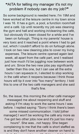 3.6K views | AITA for telling my  manager it's not my  problem if nobody  can do my job?  | Mrs. Bette Hirthe | Facebook