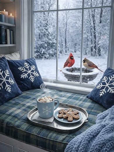 Cozy Winter Reading Nook ❄️ Snowfall, Cardinals, Hot Cocoa & Cookies| Calm Winter Short