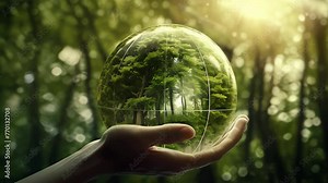 Green natural eco-friendly tree in a glass sphere in hand against the backdrop of nature. The concept of green energy, ecology, environmental protection