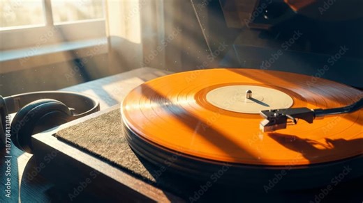 Close up video of orange vinyl record spinning on retro turntable with warm sunlight and floating dust motes creating a nostalgic analog music atmosphere next to headphones.