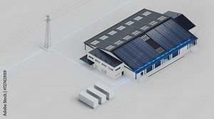 Warehouse with solar panels connected to the grid and battery storage. Electricity generated by solar panels is sent to the warehouse. Batteries are charging from grid. Isometric view. Looping video.