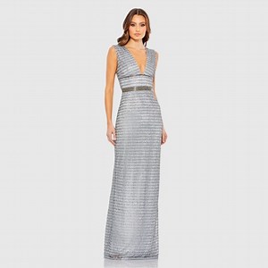NWT $698 MAC DUGGAL Silver Beaded Cap Sleeve V Neck Column Gown DRESS 5625