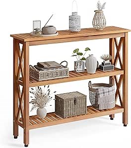 YITAHOME Solid Wood Outdoor Console Table, 39'' Acacia Wood Outdoor Bar Table with 3-Tier Storage Shelf, X-Frame Design and Adjustable Foot Pads for Garden Patio Balcony and Indoor, Natural