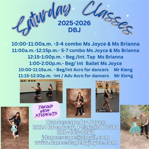 Ms Joyce on Instagram: "Saturday classes for 6, 7, 8 and 9 year olds! Ballet/Pre-Pointe class from 1:00-2:00p.m. and a Beg/Int level Tap class from 12:15-1:00p.m. Take both classes for only $110 per month. $30 registration fee per family. Family discounts for 2 or more family members taking classes at Preschool Ballet, tap and tumbling for 3-4 year olds and 5, 6 and 7 year old ballet, tap and tumbling Saturday mornings. Two levels of Acro for dancers on Saturdays!! Dancescape by Joyce. Certified