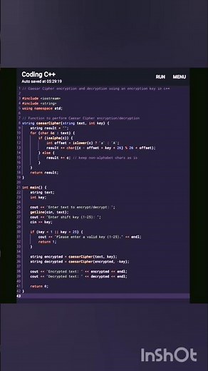 Caesar Cipher encryption and decryption using an encryption key in c++. #cpp #c #coding #cprogram