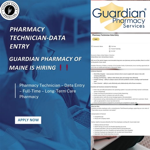 Pharmacy Technician-Data Entry 📌 Guardian Pharmacy of Maine is HIRING ❗❗ 📍 Location: Brunswick, Maine 💼 Type: Full-Time 💰 Pay: Competitive (Benefits 401(k) Match) 📩 Apply Here: https://guardianpharmacy.wd5.myworkdayjobs.com/Guardian_Pharmacy/job/Brunswick-Maine/Pharmacy-Technician-Data-Entry_R14787?source=LinkedIn
