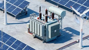 Medium shot focusing on renewable integration with Static VAR Compensators balancing power feed from solar and wind sources to ensure smooth energy delivery