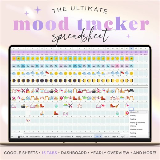 Mood Tracker Template Google Sheets | Daily Mood Journal, Purple Emotions Log Book, Mental Health Tracker Spreadsheet, Digital Journal PU1 - Etsy