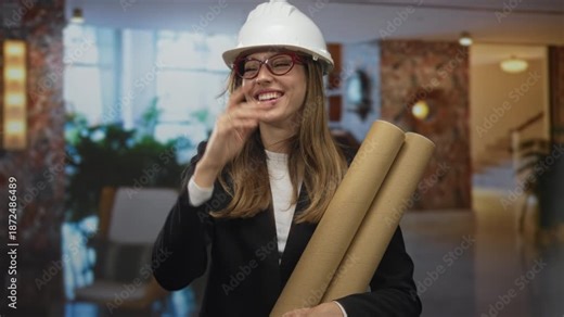Woman architect in hardhat smiling and holding rolled plans near hotel reception desk in building lobby; confidence planning.
