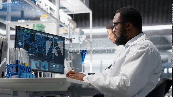 Quality control analyst in laboratory analyzing indicator solution at workstation using PC software. Lab staff member testing chemical fluid sample used for experiments with computer program, camera B