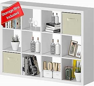 Bookshelf with Storage Bins, 12-Cube Storage Organizer with Back Panels, Modern Wood Open Bookcase, Multifunctional Display Shelf for Living Room, Bedroom, Home Office, White
