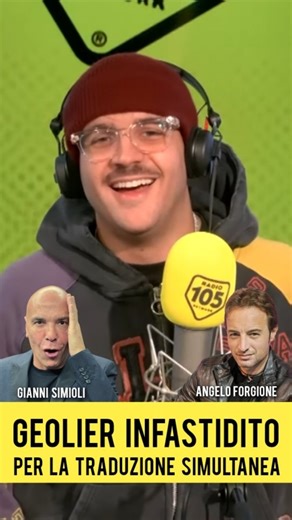 𝓐𝓷𝓰𝓮𝓵𝓸 𝓕𝓸𝓻𝓰𝓲𝓸𝓷𝓮✍ on Instagram: "Geolier intervistato e tradotto agli ascoltatori nazionali da Tony Severo, nativo di Portici, nel corso di 105 Friends (Radio 105), con anche lo stabiese Rosario Pellecchia e la frusinate Manola Moslehi. Atmosfera divertita che però ha dato ugualmente adito ad alcune riflessioni sul metodo linguistico-comunicativo del rapper napoletano e sull'opportunità della traduzione. Non poteva mancare l'approfondimento di Gianni Simioli a La Radiazza (Radio Mar