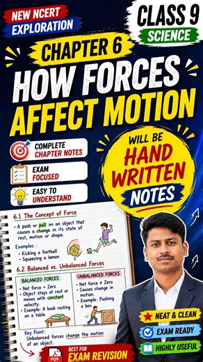 Class 9 Science Chapter 6 Handwritten Notes | How Forces Affect Motion | New NCERT Exploration Book.