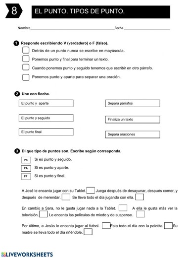 El punto. Los tipos de punto worksheet