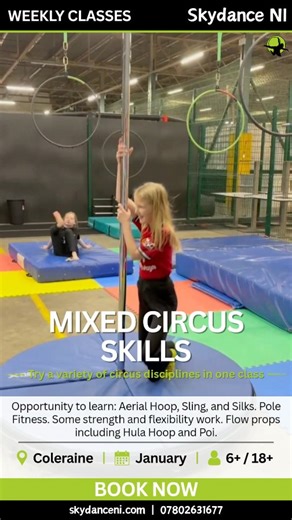 Ever wanted to try circus skills without committing to one discipline? ✨ Mixed Circus Skills lets you explore aerial and ground-based skills in one class. Beginner-friendly, varied, and confidence-building. Book now! 📲 Kids Classes (8-11 Years) Teens Classes (12-17 Years) Adults Classes (18 ) Parent & Child Classes (6 ) | Skydance NI
