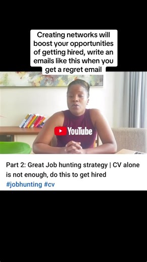 Creating networks will boost your opportunities of getting hired, write an emails like this when you get a regret email Watch the full video to learn how to create networks https://youtu.be/mbqucEW11BI?si=9vuOUAM7Go1-Yy8L #jobhunting #jobopportunity #careerwithkhodani #careerandcorporatehub