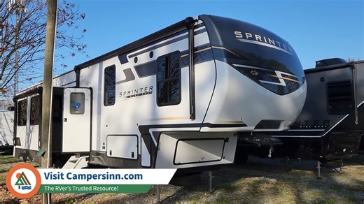 The Sprinter fifth wheels by Keystone feature spacious living areas, plenty of storage, and outstanding towability. Two bedrooms and two full baths make this fifth wheel perfect for camping with friends and family, and full kitchen is complete with an island, pantry, full-sized refrigerator, and a hutch to name a few convenient features! A fireplace and entertainment center make this the perfect travel trailer for your family. | Campers Inn RV | Facebook