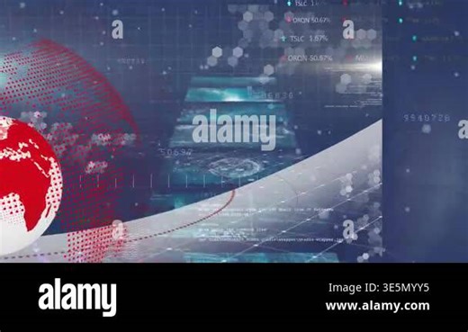 Red-white globe emitting red path, causing steps sliding and charts updating, showing market data. Infographic, telemetry, hud, wireframe, grid, hexagon, panels Stock Video Footage - Alamy