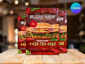 Delicious Burger Flyer, Editable Food Flyer, Printable Restaurant Promotion, Burger Sale, Fast Food Menu Marketing, Burger Flyer