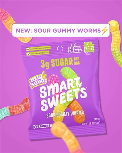 SmartSweets™ on Instagram: "Gummy Worms just got SOUR ⚡️ Our NEW Sour Gummy Worms just landed, with 3 flavor combos in each bag: 🍒💙 Cherry Crush & Blue Raspberry 🍑🩷 Peach & Pink Lemonade 🍍🍓 Pineapple Punch & Strawberry Twist Find these at SmartSweets.com or use our Store Locator to find them near you! #sourgummyworms #newcandy #teamsour #kicksugar"