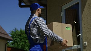 A woman receives a package from the delivery guy - Free Stock Video