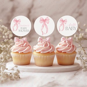 Pink Bow Cupcake Toppers, Pink Bow Baby Shower Cupcake Toppers, Printable Cupcake Toppers, Editable Cupcake Toppers Girls Baby Shower Pink - Etsy