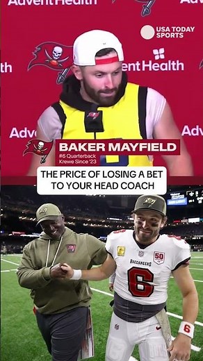 Baker Mayfield wears Michigan gear after losing a bet to Todd Bowles, whose son plays for the team