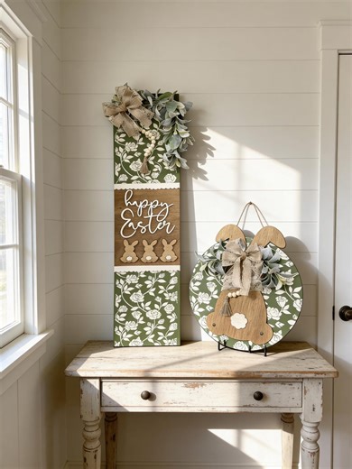 Matching Easter Porch Decor Set, Bunny Door Hanger and Happy Easter Porch Leaner, Farmhouse Spring Decorations, Neutral Easter Decor, - Etsy