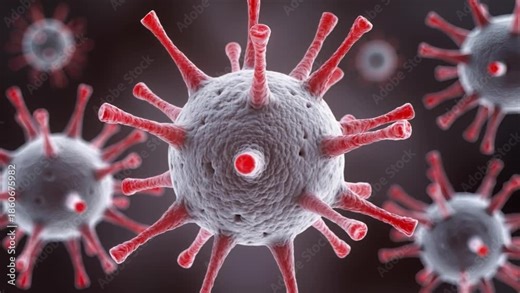 3D virus particle with long pink spike proteins on dark background, scientific macro render of infection, microbiology. concept for infection, virology, pandemic, and medical research