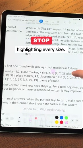 Stop wasting time scanning knitting patterns. There’s a much easier way to follow only your size. You’ll never go back to PDFs after this Be honest… Do you highlight your size in every pattern? 👀 #knitting #knittingtiktok #knit #knitter #yarnlovers