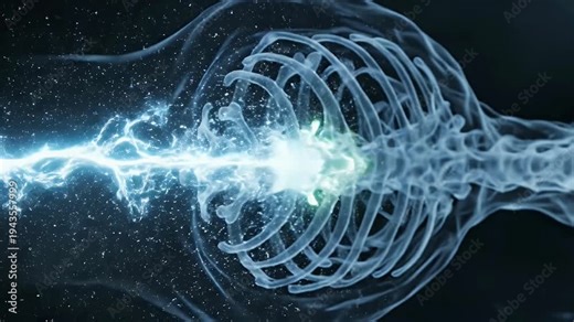 Abstract visualization of an x ray beam passing through a skeletal structure