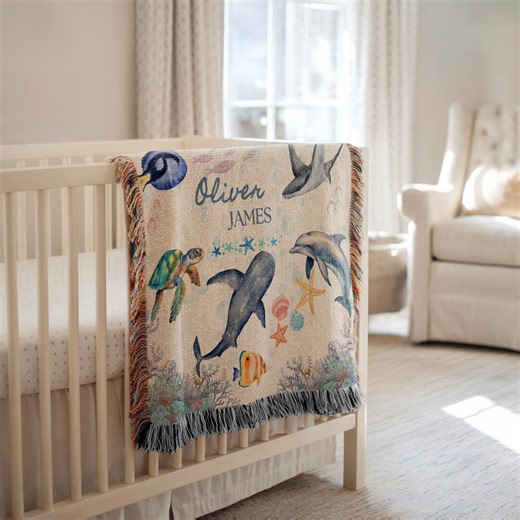 Ocean Nursery Decor Blanket, Sea Turtle Decor, Sea Nursery Trow, Dolphin Blanket, Sea Animals Blanket - Etsy