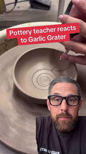Pottery teacher reacts to a garlic grater! 🧄 This is honestly a perfect project for beginners. Simple form, super functional, and a great way to practice surface texture. I love how they added a spiral to guide the marks for the grating pattern — such a smart technique and it looks great too. Awesome job on this one. I’ll definitely be making some of these with my beginner classes! #potteryteacher #ceramics #potterywheel #clayproject #potteryideas