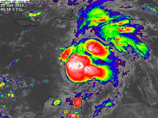 Infrared satellite images of the Caribbean continue to show Tropical Storm Melissa in the waters southeast of Jamaica, firing up deep convection as she strengthens and inches closer to the island on this early Wednesday morning, October 22, 2025, at 1:20 AM. | Weather Jamaica