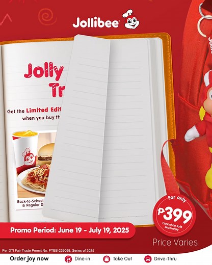 Your bag has a new jolly buddy! 🥰 Get the Limited Edition Jollibee Bag Charm when you buy the Back-to-School Bundle for only P399 from June 19 to July 19, 2025. Available via Dine-In, Take Out and Drive-Thru at participating stores. Enjoy your Jollibee favorites and get yours now! Visit for more info: https://api.jollibee.com.ph/promos/jolly-school-treats-promo | Jollibee