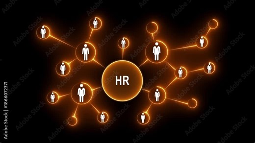 HR Human Resources Network Connection Diagram, Glowing Orange Neon People Icons on Black Background