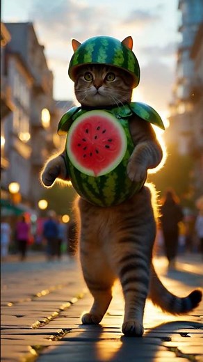 Gatto che balla per strada con armatura di anguria 🐱🍉 Dance Cat Viral Trend su strada #shorts