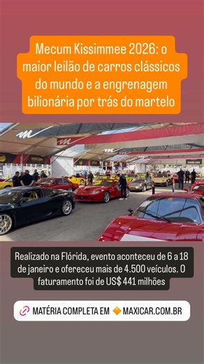 Mecum Kissimmee 2026: o maior leilão de carros clássicos do mundo e a engrenagem bilionária por trás do martelo Por João Siciliano Entre os dias 6 e 18 de janeiro de 2026, a cidade de Kissimmee, na Flórida, voltou a se tornar o centro do mercado global de carros clássicos e de coleção com a realização do Mecum Kissimmee 2026, no Osceola Heritage Park. Continue a leitura em 🔸maxicar.com.br #kissimmee #leilaodecarros | Maxicar - Carros Antigos