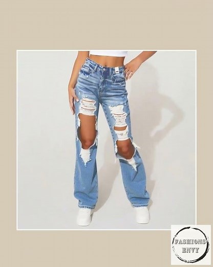 High-Waist Heavy Destroy Jeans - Distressed Ripped Denim