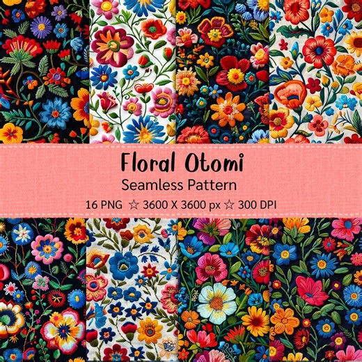 Mexican Embroidery Seamless Pattern, Floral Otomi Digital Paper, Colorful Folk Art Background, Embroidery Flowers PNG, Boho Textile Designs - Etsy