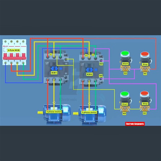 Sequence Starting of Two Motors | Motor Control Circuit Explained | linkage starting motor | 𝐄𝐥𝐞𝐜𝐭𝐫𝐨𝐧𝐢𝐜 𝐂𝐨𝐦𝐩𝐨𝐧𝐞𝐧𝐭𝐬