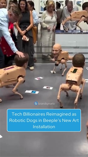 Brandsynario on Instagram: "NFT artist Beeple has unveiled his latest installation, Ordinary Animals, at Art Basel Miami Beach, featuring robotic dogs fitted with hyper-realistic heads of prominent tech billionaires such as Elon Musk, Jeff Bezos, and Mark Zuckerberg. Displayed inside a transparent enclosure, the robotic dogs move around autonomously and occasionally print small images captured through their built-in cameras. The artwork satirizes society’s fixation on tech moguls and highlights