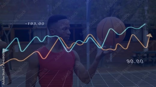Red-top man spinning orange basketball on campus court, data overlay appearing tracking sports spin