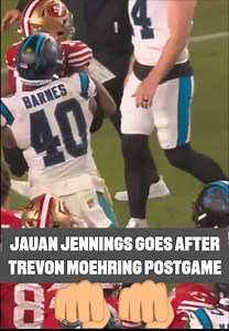 JAUAN JENNINGS GOES BALLISTIC AFTER CHEAP SHOT BY TRE'VON MOEHRIG San Francisco WR Jauan Jennings punches Tre'Von Moehrig postgame after the Carolina CB took an ABSOLUTE CHEAP SHOT on Jennings. Coach Kyle Shanahan afterwards said he was "proud of Jauan" after taking a "cheap shot to the balls" Jennings was quoted after the game saying “Y’all have a good night. Don’t get hit in the nuts.” 🤣 MOEHRIG DESERVES A BIG PUNISHMENT 🎥: (@mnfonespn, San Francisco 49ers, (@theSFniners/X) | Sportsnaut