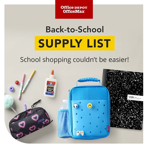 Stress-free supply shopping? OD does it! Now you can use our online Back-to-School Supply List to find the exact supply list from your teachers and purchase it all in a click. Save time – plus Rewards Members can earn up to 5% back in rewards! https://bit.ly/45kvC9P | Office Depot