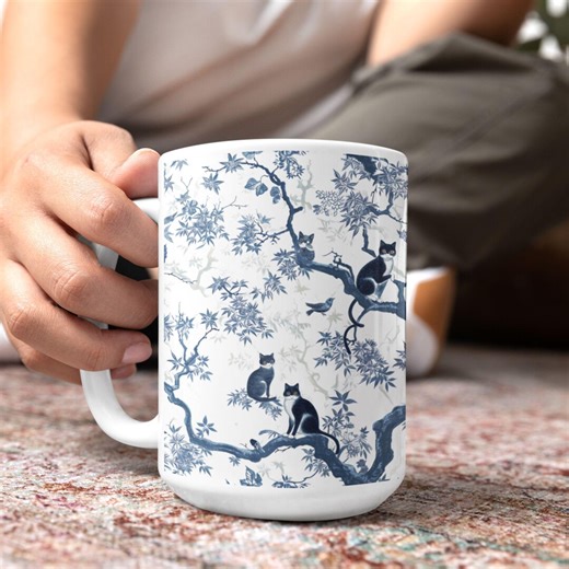 Chinoiserie Cat Mug, Cat Toile De Jouy Mug, Feline Toile Coffee Cup, Floral Cat Mug, Cat Lover Gift, Cat Mom Mug, Cat Coffee Mug, Cat Gift - Etsy
