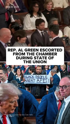 At Tuesday night's State of the Union address, the House Sergeant at Arms approached and escorted Texas Rep. Al Green from the chamber after he stood as Trump began speaking with a sign reading "Black People Aren't Apes!" barely two minutes into the speech. Before Green exited, some Republicans began chanting "USA." | ABC7 News