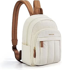 Missnine Mini Small Backpack for Women, 8.6" L×4.3" W×14.4" H, Lightweight Quilted Small Backpack Purses, Puffer Daily Purse Water-resistant Brown+Beige