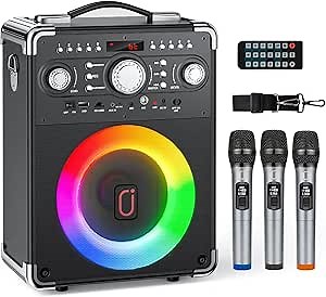 Karaoke Machine with 3 Wireless Microphones, Bluetooth Karaoke Speaker with 3 Mics for Adults/Kids, Portable PA System for Home Party with DJ Lights & Remote Contro, Support TWS/USB/TF Card/AUX/REC
