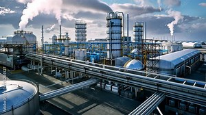 Overview of refining operations at a major oil facility with storage tanks and processing equipment